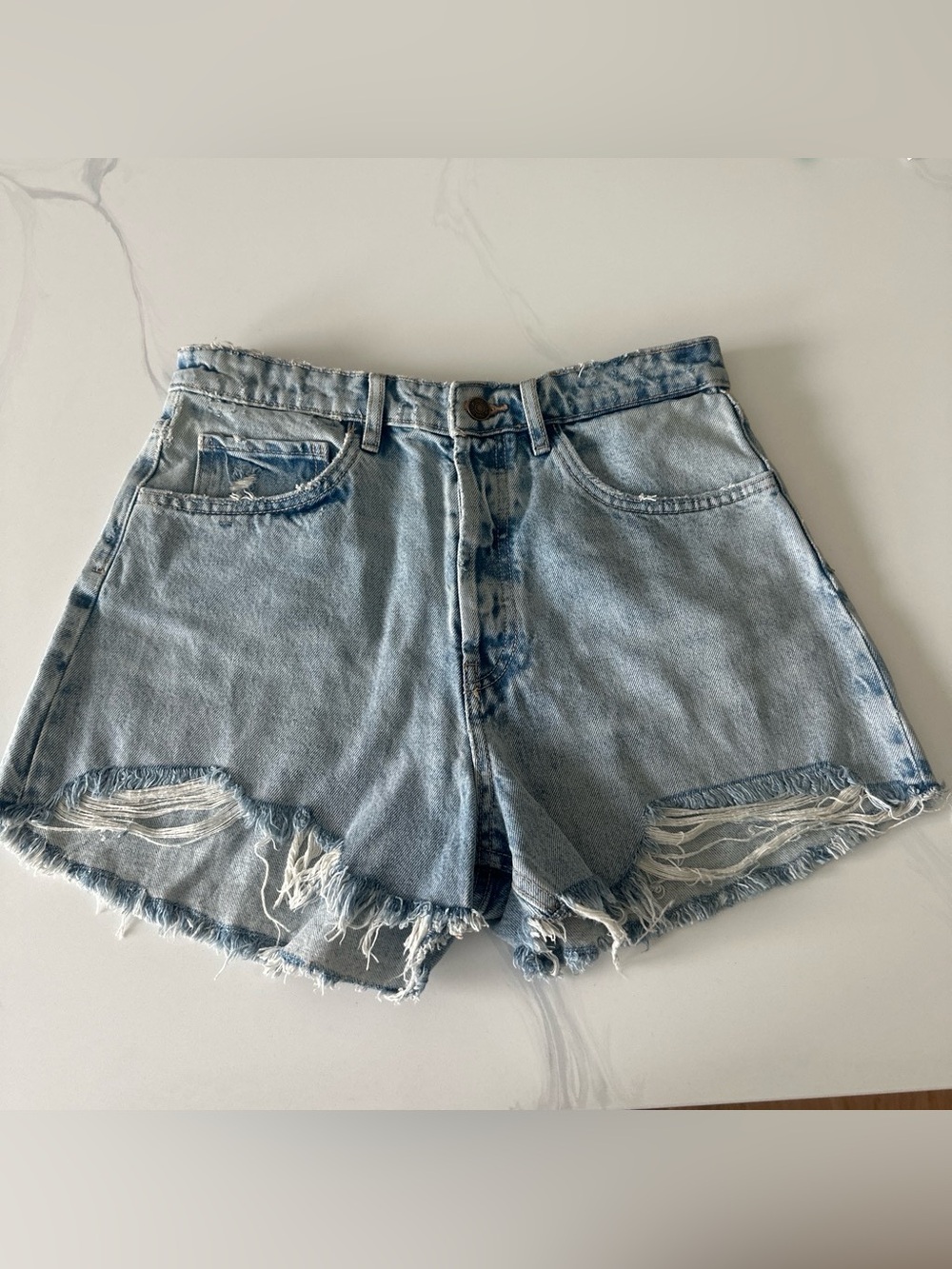 Zara Light Blue Frayed distressed Ripped High-Rise Denim Shorts